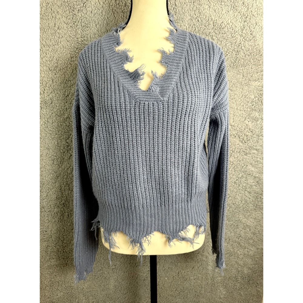 Full Circle Trends Sweater Womens Medium Blue V Neck Destroyed‎ Cropped Grunge
